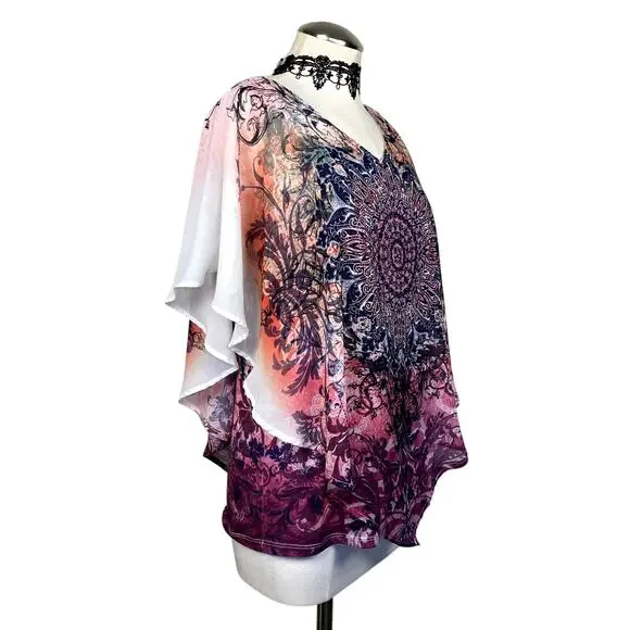 y2K Rhinestone Pink Mandala Butterfly Whimsigoth Fairycore Coquette Blouse Sz S - Picture 2 of 15